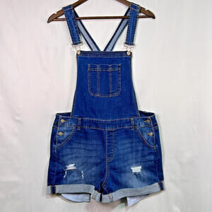 Wax Jean Denim Overall Shorts Womens 1XL Distressed Stretch Medium Wash
